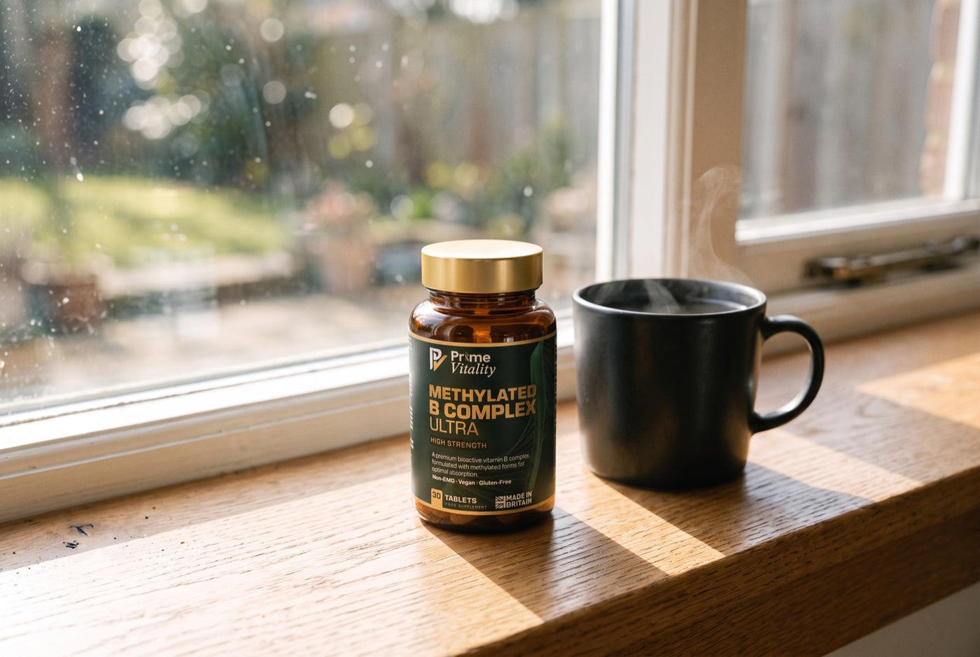 Prime Vitality Methylated B Complex Ultra bottle on an oak windowsill beside a morning coffee