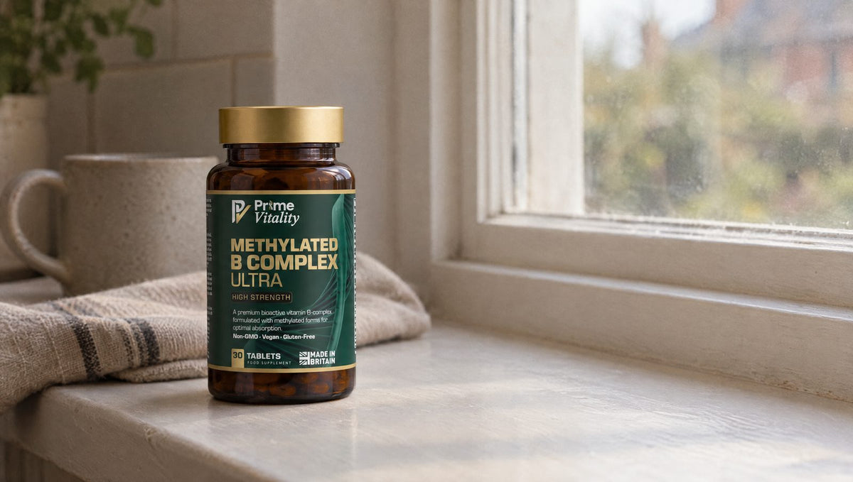 Prime Vitality Methylated B Complex Ultra on a kitchen windowsill in morning light