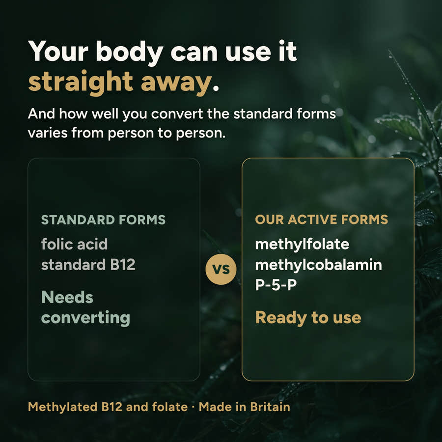 Methylated B vitamins compared: standard forms need converting, our methylfolate, methylcobalamin and P-5-P are ready