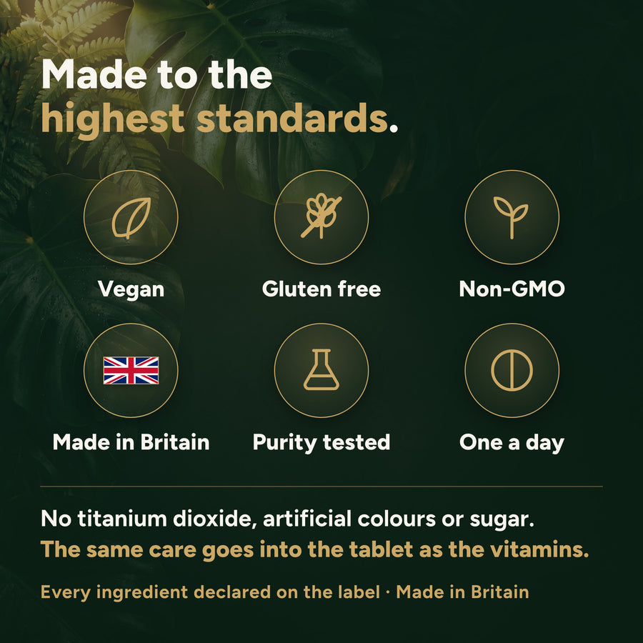 Clean and simple: vegan, gluten free, non-GMO, one a day, no titanium dioxide