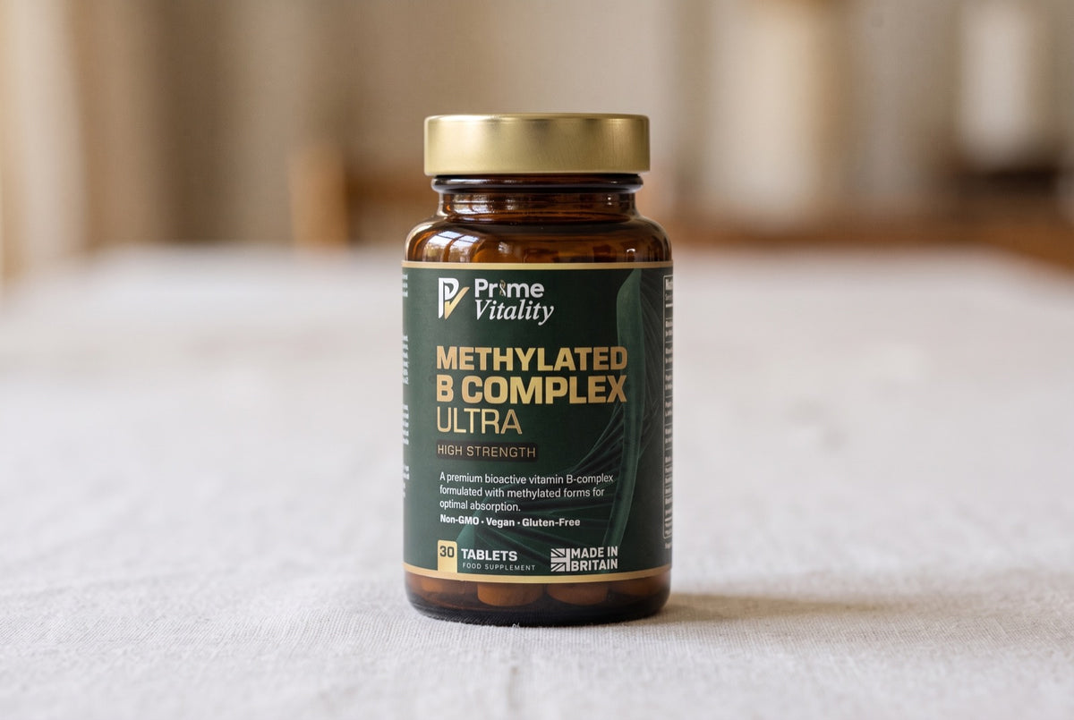 Prime Vitality Methylated B Complex Ultra bottle facing the camera on a clean pale surface