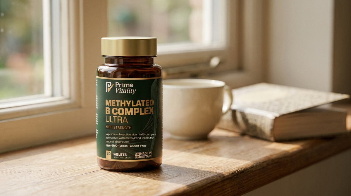 A bottle of Prime Vitality Methylated B Complex Ultra on a windowsill with a book