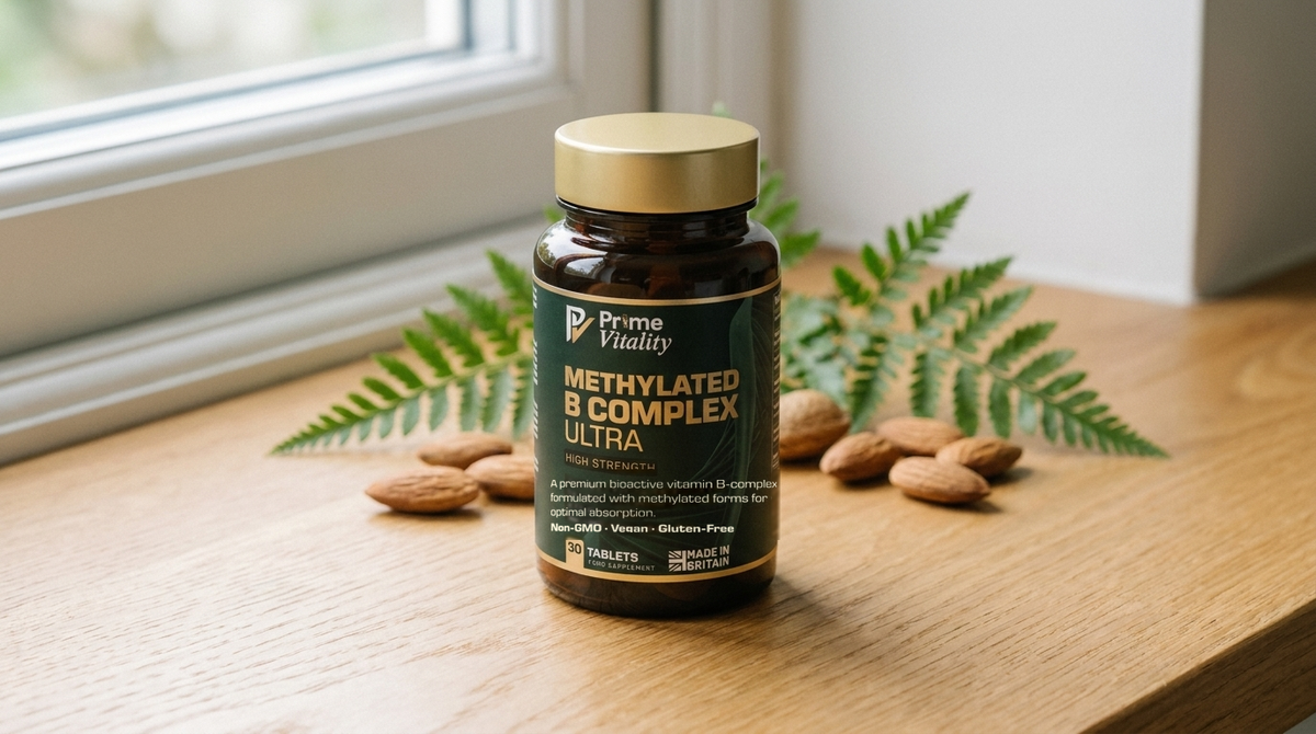 A bottle of Prime Vitality Methylated B Complex Ultra with almonds