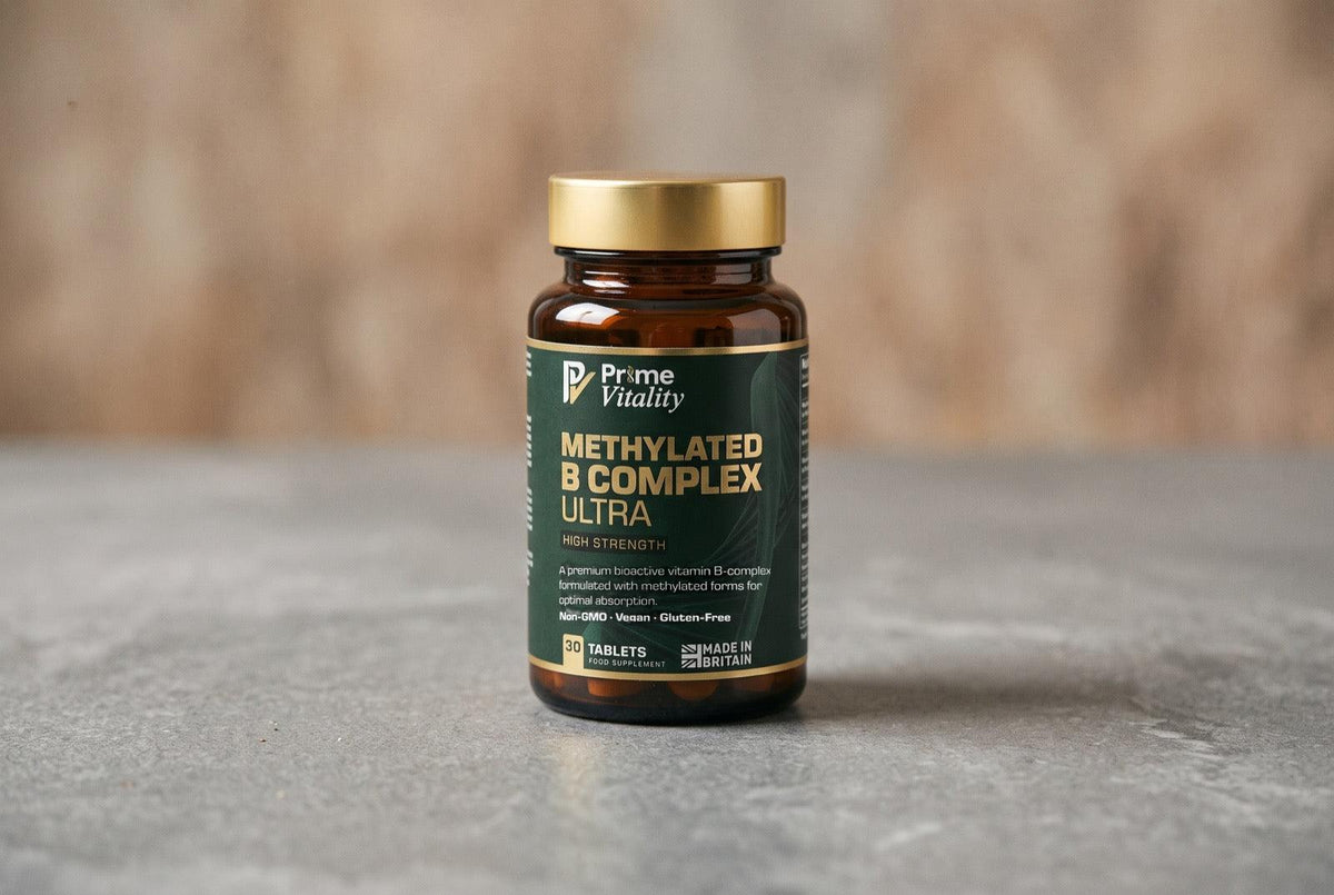 Prime Vitality Methylated B Complex Ultra bottle on a smooth grey stone surface