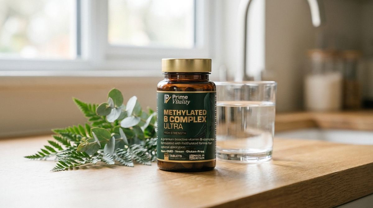 A bottle of Prime Vitality Methylated B Complex Ultra beside a glass of water