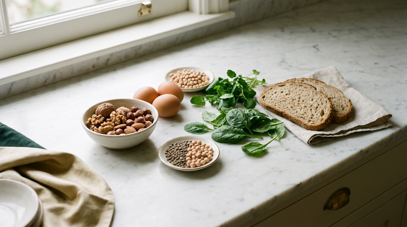 A spread of wholefoods rich in B vitamins on a marble surface
