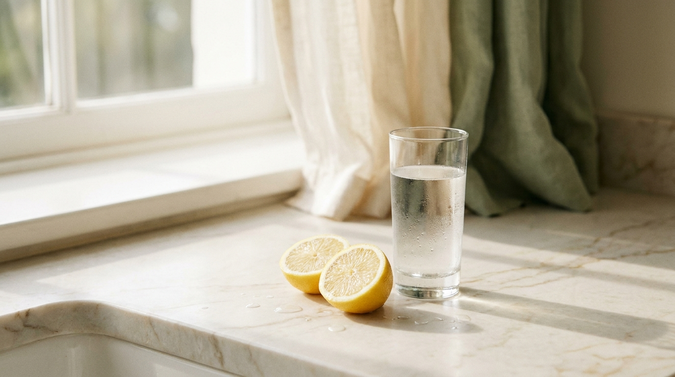 A glass of water and fresh lemons by a window