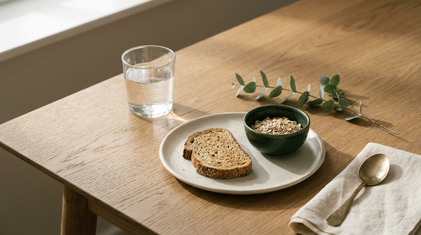 A calm breakfast of toast, oats and a glass of water by a window