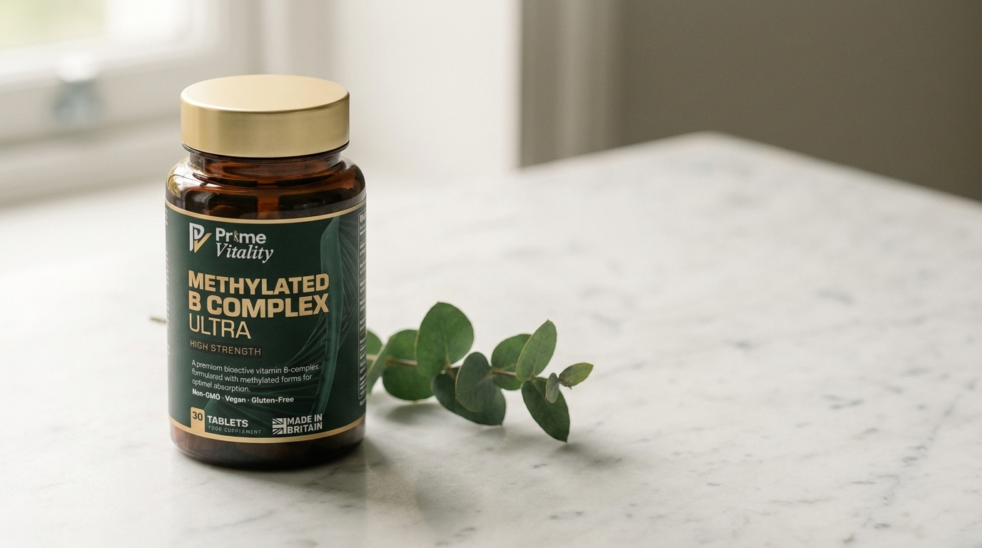 A bottle of Prime Vitality Methylated B Complex Ultra on marble with eucalyptus