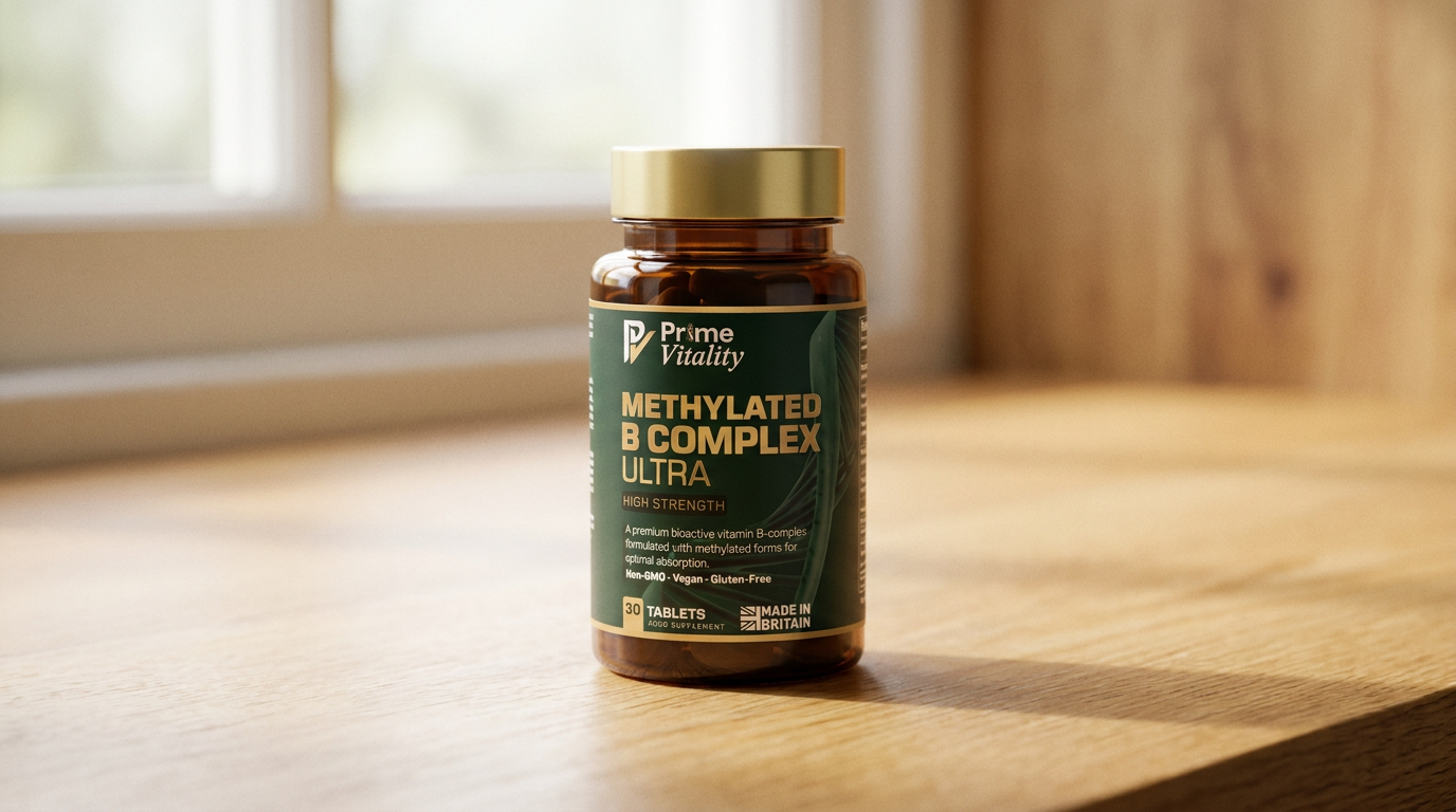 A bottle of Prime Vitality Methylated B Complex Ultra on an oak surface
