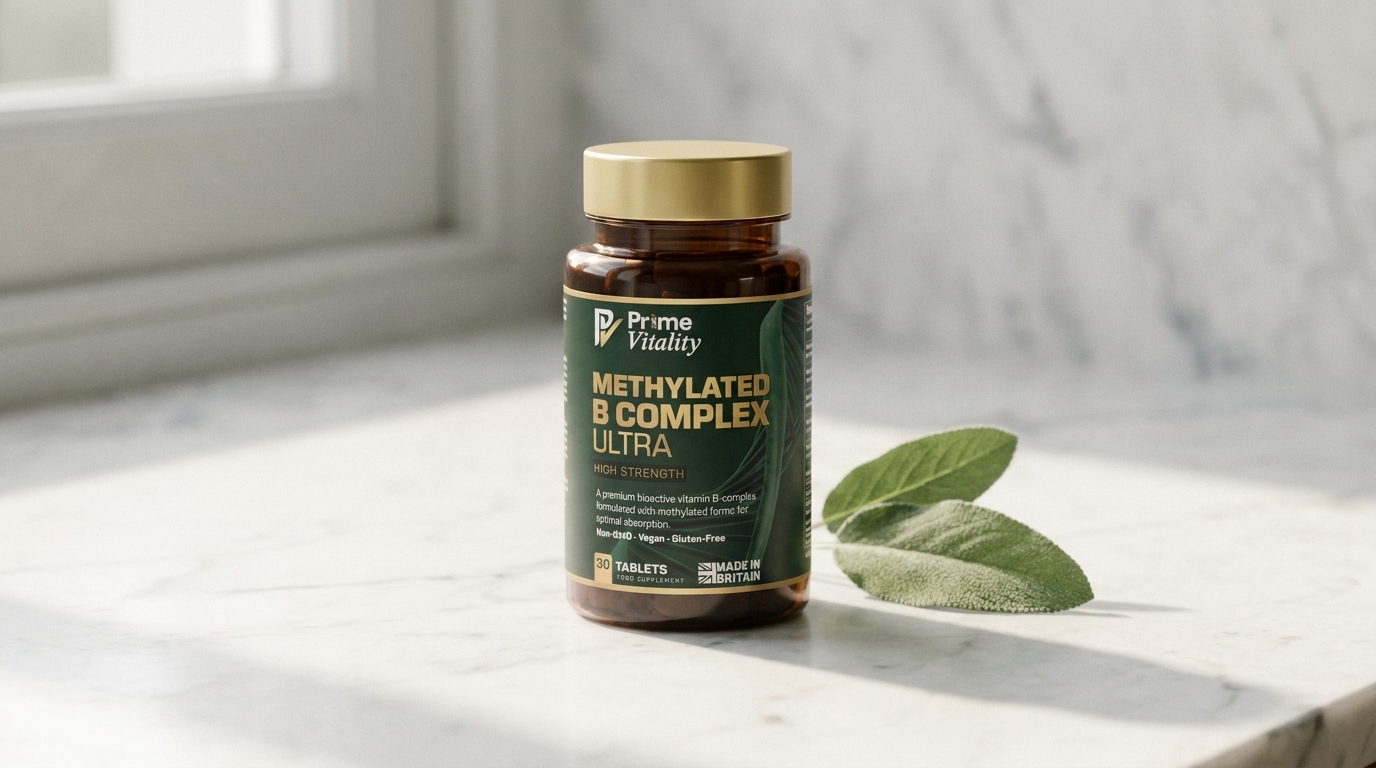 A bottle of Prime Vitality Methylated B Complex Ultra on marble with a botanical leaf