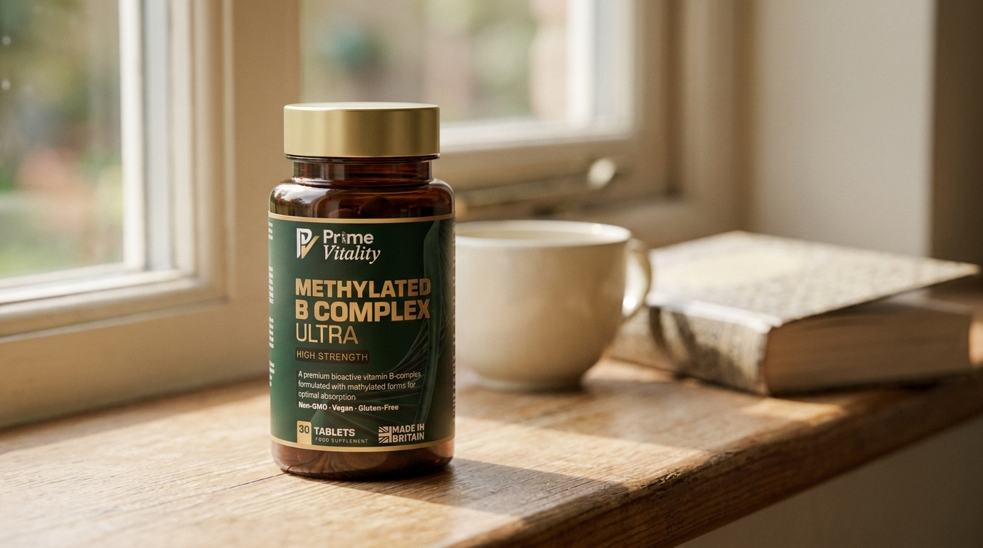 A bottle of Prime Vitality Methylated B Complex Ultra on a windowsill with a book