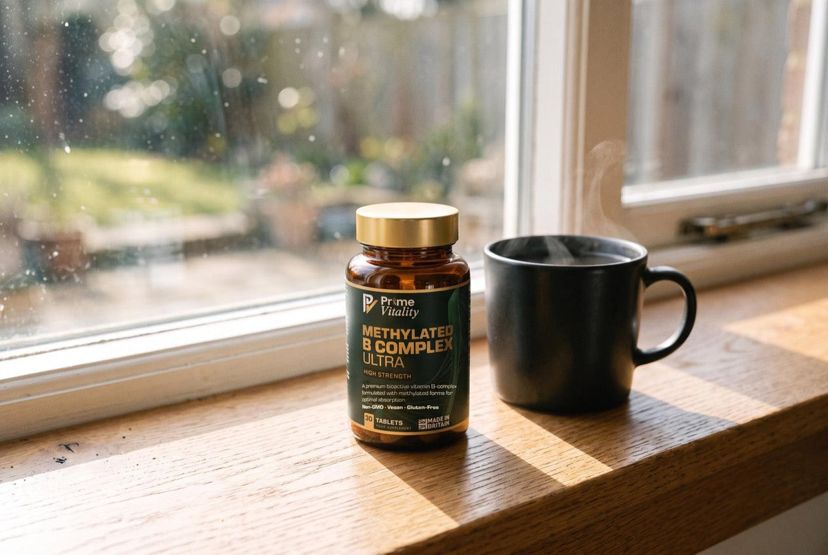 Prime Vitality Methylated B Complex Ultra bottle on an oak windowsill beside a morning coffee