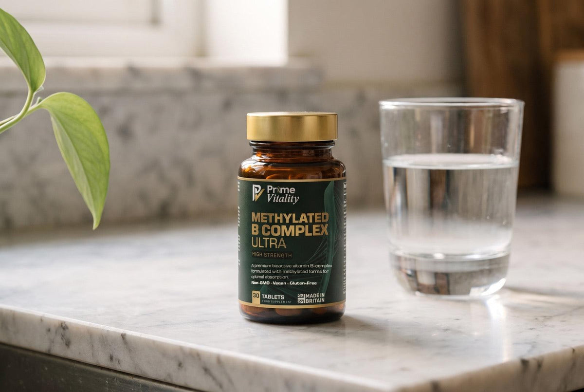 Prime Vitality Methylated B Complex Ultra bottle on a marble kitchen counter beside a glass of water