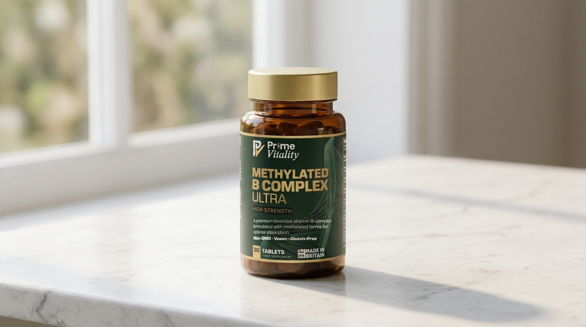 A bottle of Prime Vitality Methylated B Complex Ultra on marble
