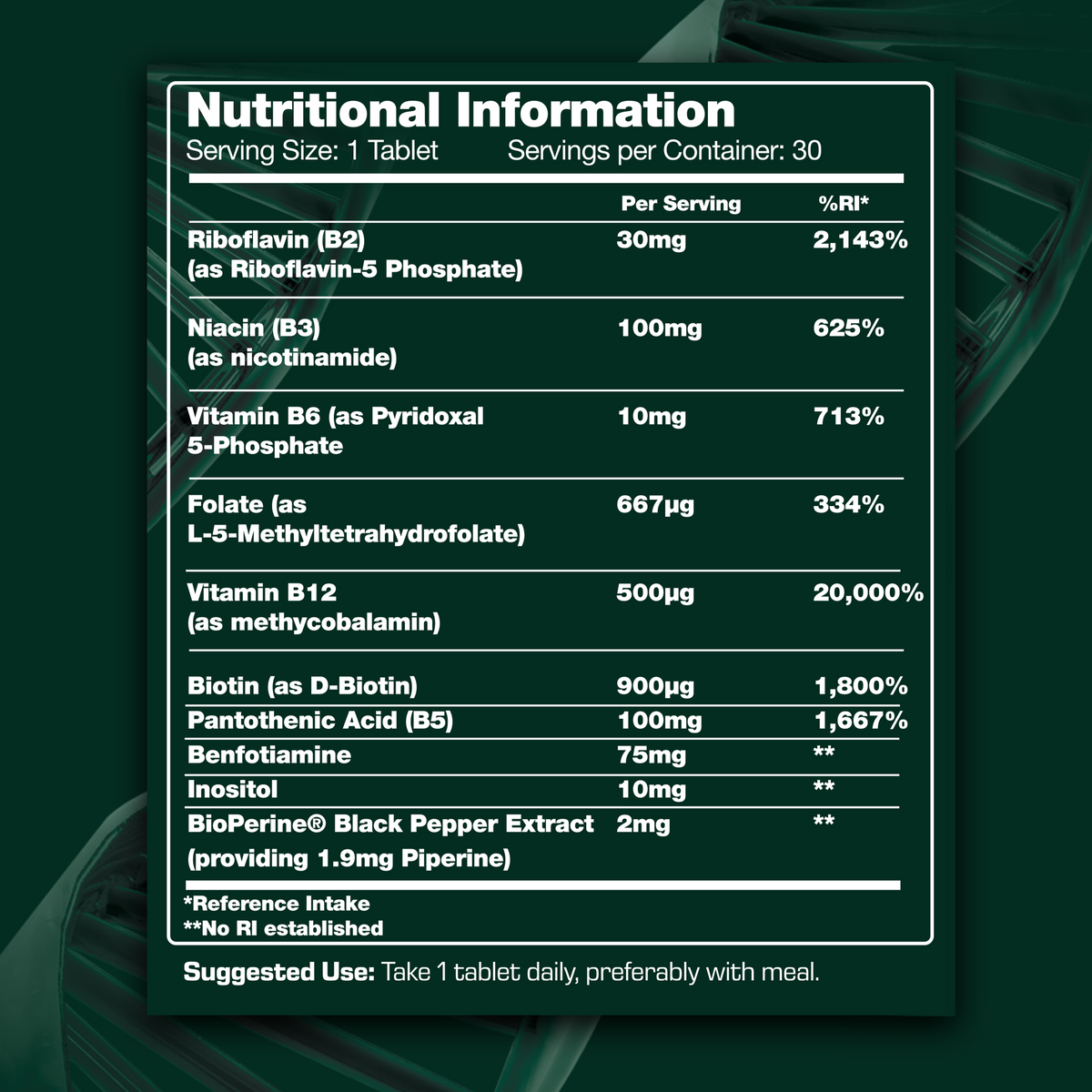 The full nutritional information label, every ingredient and dose