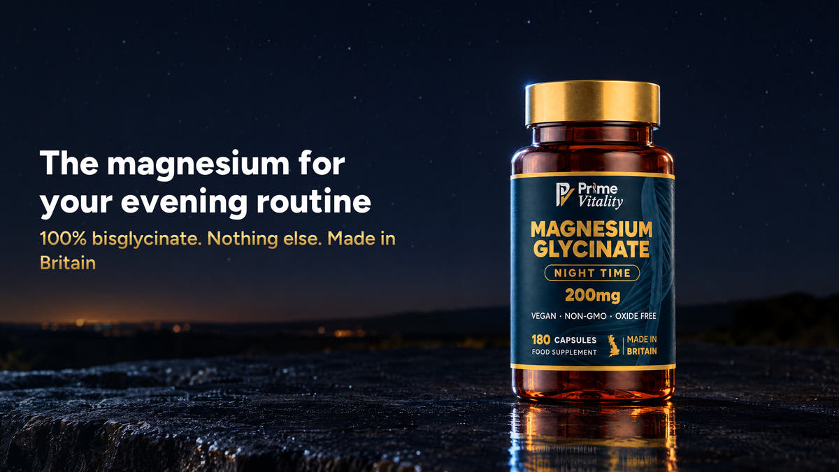 Magnesium Glycinate Night Time: the magnesium for your evening routine. 100% bisglycinate, Made in Britain.