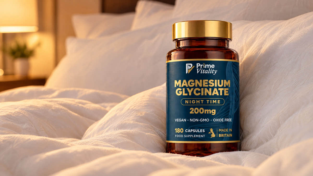 Prime Vitality Magnesium Glycinate in a comfortable white bed
