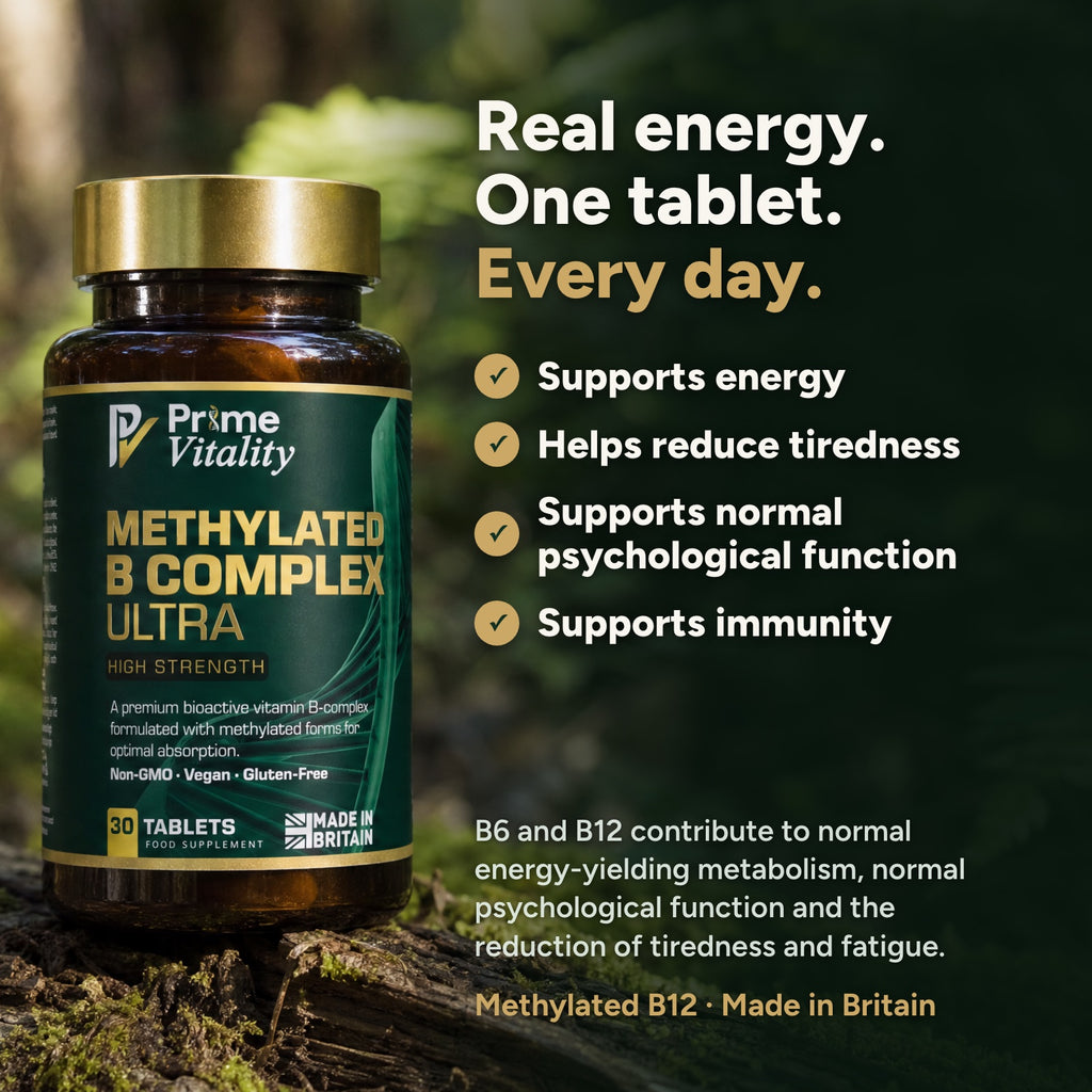 Methylated B Complex Ultra: supports energy, helps reduce tiredness, supports normal psychological function, supports immunity. B6 and B12 contribute to normal energy-yielding metabolism, normal psychological function and the reduction of tiredness and fatigue.