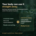 Methylated B vitamins compared: standard forms need converting, our methylfolate, methylcobalamin and P-5-P are ready
