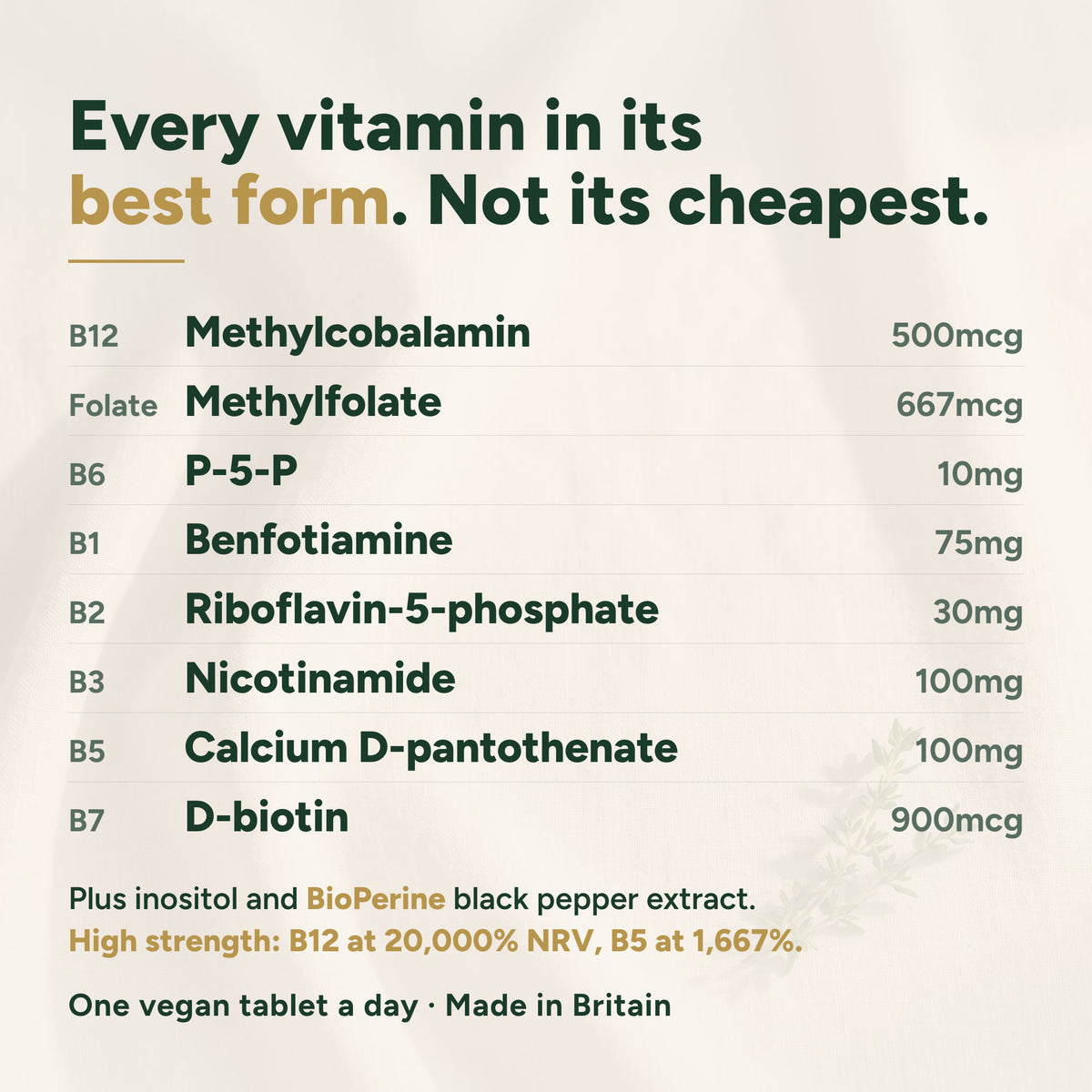 Formula per tablet: methylcobalamin 500mcg, methylfolate 667mcg, P-5-P 10mg, benfotiamine 75mg