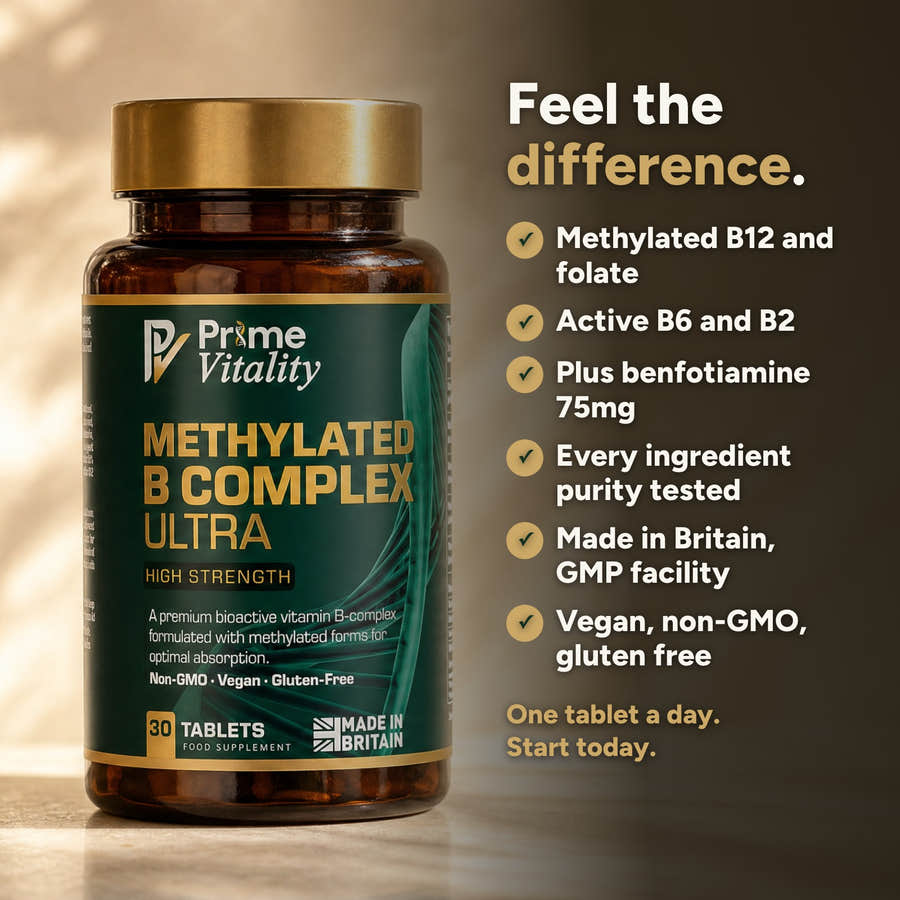 One tablet a day: methylated B12 and folate, active B6 and B2, plus benfotiamine 75mg, made in Britain