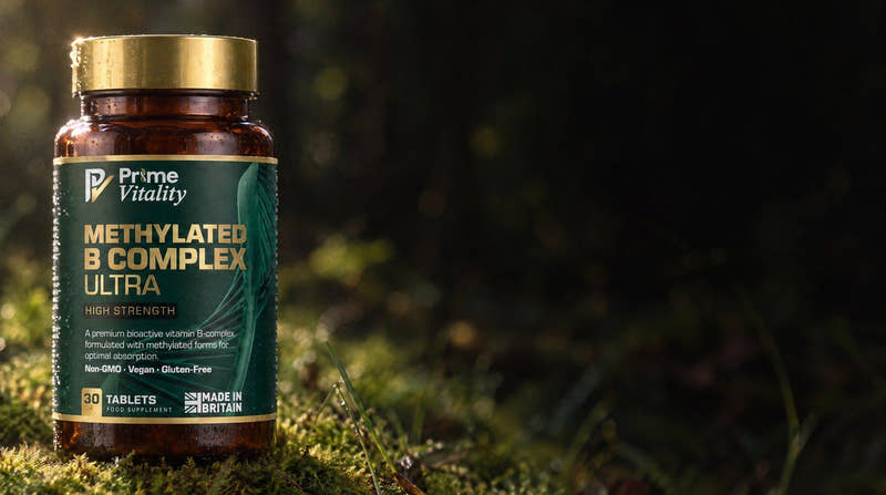 Prime Vitality Methylated B Complex Ultra bottle in dewy grass