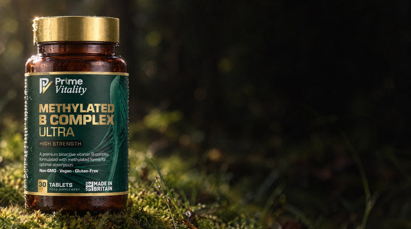 Prime Vitality Methylated B Complex Ultra bottle in dewy grass