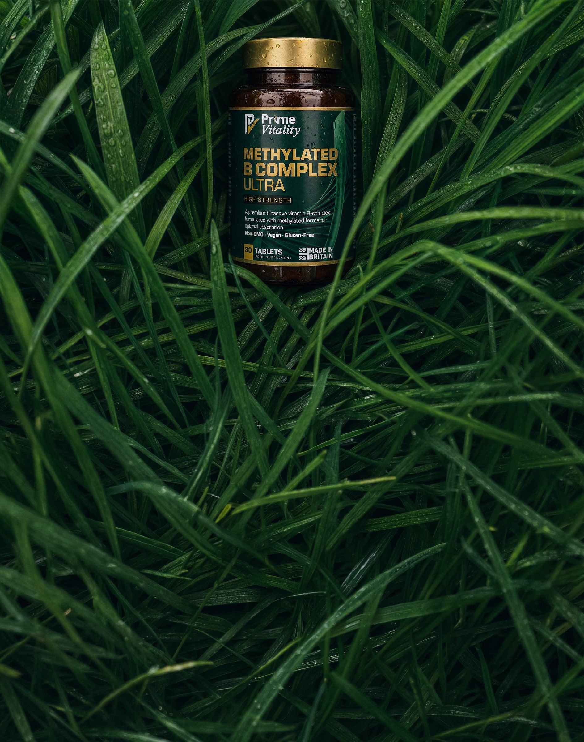 Methylated B Complex Ultra bottle in wet grass